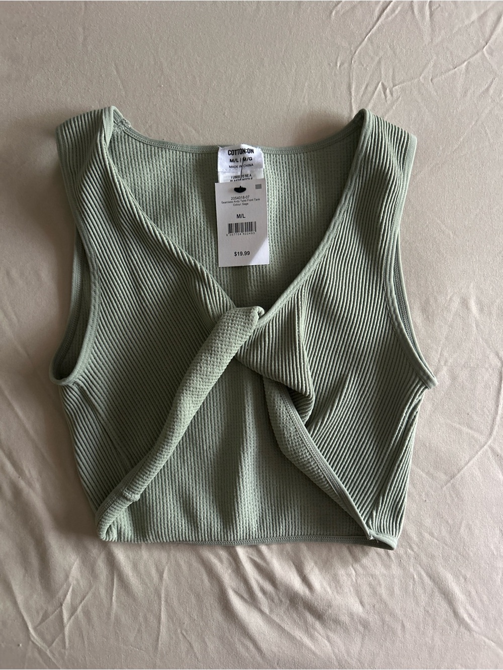 Cotton On Light Sage Ribbed Knot-Front Crop Tank